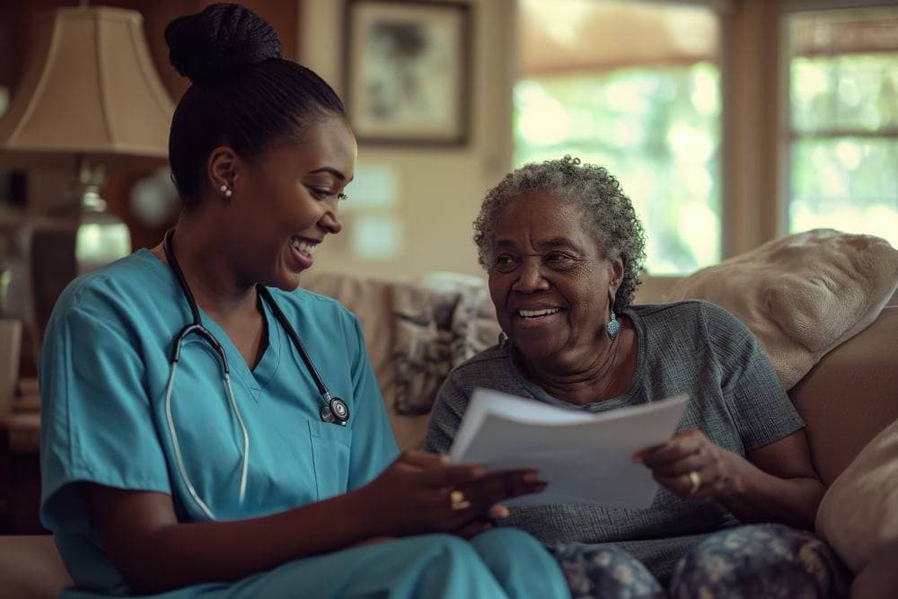 A caregiver going through a medication schedule with an older woman