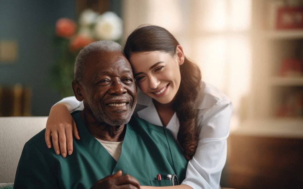 A caregiver with her arms around an older man, both smiling